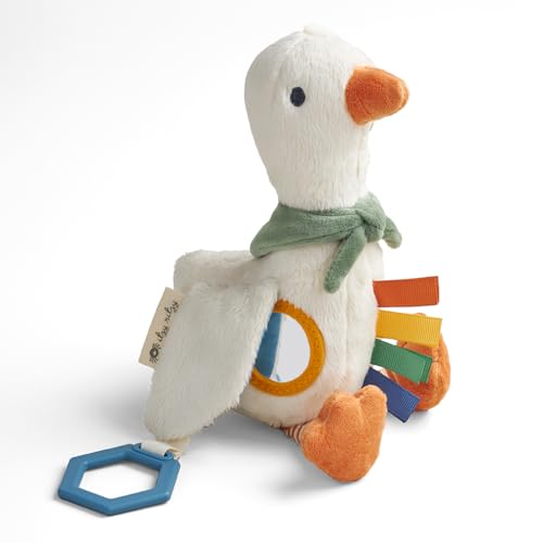 Itzy Ritzy Bitzy Traveler Car Seat & Stroller Toy for Babies – Developmental Sensory Toy Features Crinkle & Rattle Sounds & Multiple Textures – Hanging Travel Buddy for On-the-Go Entertainment (Goose)