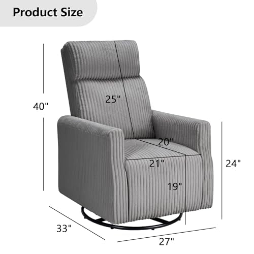 CANMOV Swivel Rocker Chair for Nursery, Swivel Accent Chair with High Back and Arms, Corduroy Glider Chair for Living Room Bedroom Nursery, Grey