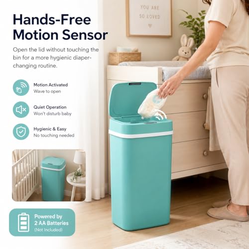 Delletir 15L Smart Diaper Pail with Motion Sensor Lid | Touchless Hands-Free Baby Diaper Trash Can | Double Locking Seal | Slim Space-Saving Design | Quiet & Durable (Turquoise)