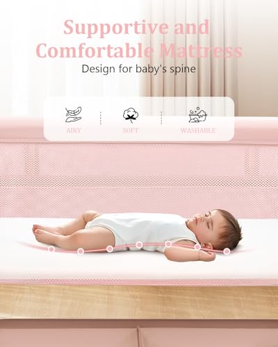 3 in 1 Baby Bassinet with Wheels, Bedside Bassinet Sleeper for Newborn, Portable Baby Crib with 7 Adjustable Height & Large Storage Basket & Full-Mesh, Easy Folding Baby Bed for Infant (Pink)