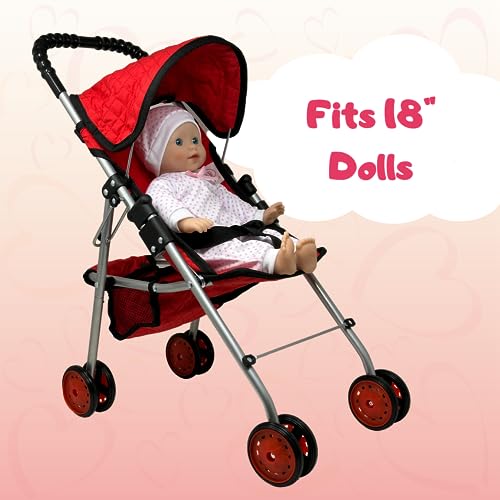 The New York Doll Collection My First Doll Stroller with Basket, Foldable Doll Stroller (Red Quilted)
