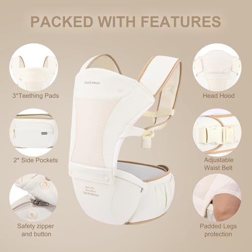 Bebamour Baby Carrier with Hip Seat,All-Position Breathable Mesh Hip Seat & Carrier 0-36Months with Head Hood, 3 PCS Teething Pads, Waist Extender,Storage Bag & Pacifier Case(Black)