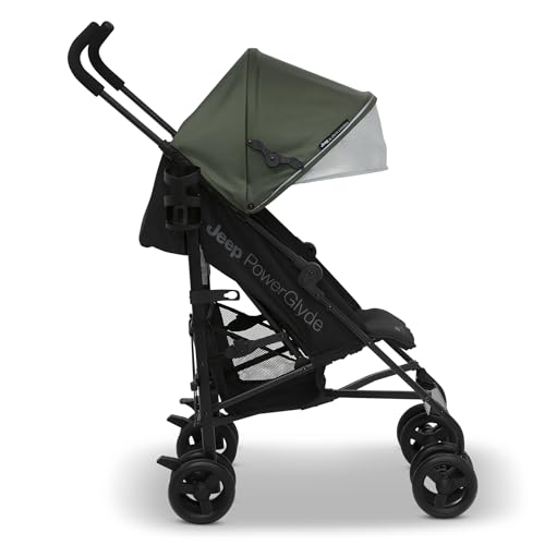Jeep PowerGlyde Stroller by Delta Children Lightweight Travel Stroller with Smoothest Ride & Compact Fold, 3-Position Recline, Extra Large Storage Basket, Olive Green