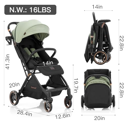 Gromast Gravity Folding Baby Stroller - Portable Travel Toddler Stroller w/Adjustable Backrest, Canopy & Cup Holder, Lightweight and UV Protected, One-Hand Automatic Folding - Green