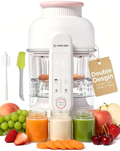 AMZCHEF Baby Food Maker with Auto Steam & Blend, 9-in-1 Baby Puree Maker with Food-grade glass, BPA-Free & Easy Cleaning, Touch Screen, Dishwasher Safe, Off-white