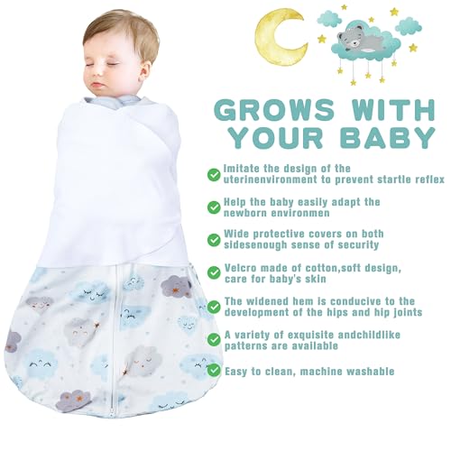 BSTOPPT Newborn Sleep Sack Baby Swaddle,3-6 Months,3-Way Adjustable Wearable Blanket,100% Rayon Cotton Swaddling sleeping bag，TOG 0.5（Clouds&Starry Sky）