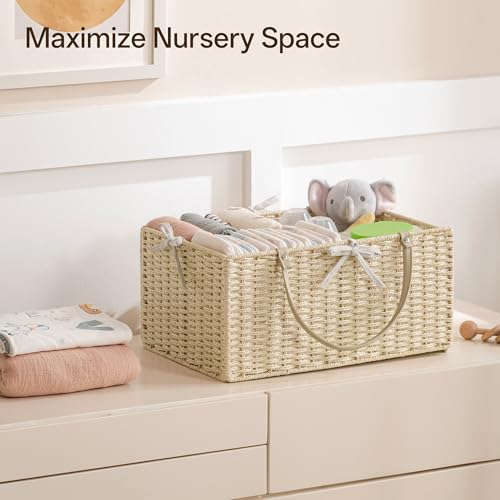 Angelhood Paper Rope Diaper Caddy, Baby Essentials Organizer, Portable Baby Shower Baskets Gift Bin, Car Storage Bag for Nursery