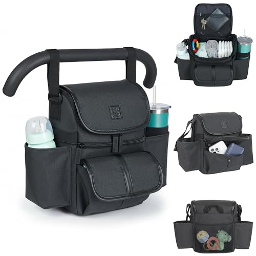 NT·hut Baby Stroller Organizer, Stroller Caddy , 2 Wide Cup Holders & Stability Bottle Straps, Adjustable Shoulder Strap, Fits 11" Tablet, Magnetic Pocket, YKK Zippers & Mesh Pockets, Waterproof