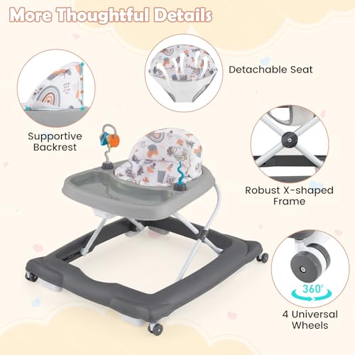 BABY JOY Baby Walker, Foldable Activity Walker with Adjustable Height, Large Tray & Removable Toys, Baby Walker with Wheels for Boys Girls 6-12 Months (Gray)