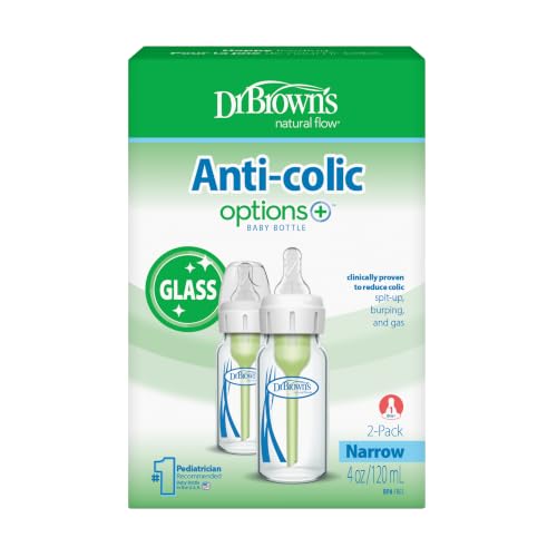 Dr. Brown's Anti-Colic Options+ Narrow Glass Baby Bottle with Level 1 Slow Flow Nipple, BPA-Free, 4 oz/120mL, 0m+, 2-Pack (Packaging May Vary)