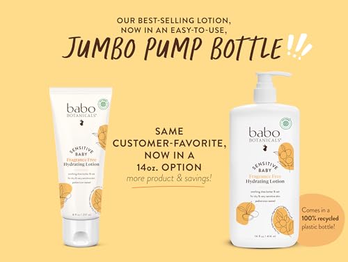 Babo Botanicals Sensitive Baby Fragrance-Free Daily Hydrating Baby Lotion - Shea Butter & Jojoba Oil - for Body & face - for Babies, Kids & Adults with Sensitive Skin - EWG Verified - Vegan - 14oz
