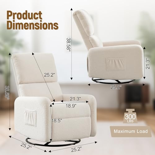 Korser 360° Rocking Chair, Nursery Rocker Chair with Side Pockets, Glider Nursing Chair with Steel Structure Base, Small Chair for Small Spaces, Sherpa Swivel Accent Chairs for Living Room, Nursing