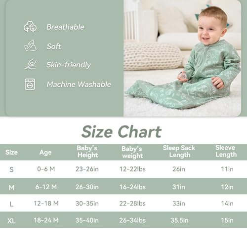 FIEMOL Baby Sleep Sack 6-12 Months, Long Sleeve Baby Wearable Blanket 0.5 Tog with Mittens, 2-Way Zipper Infant Cotton Sleeping Sack for Boy and Girl Green Dinosaur 2 Pack (Medium)
