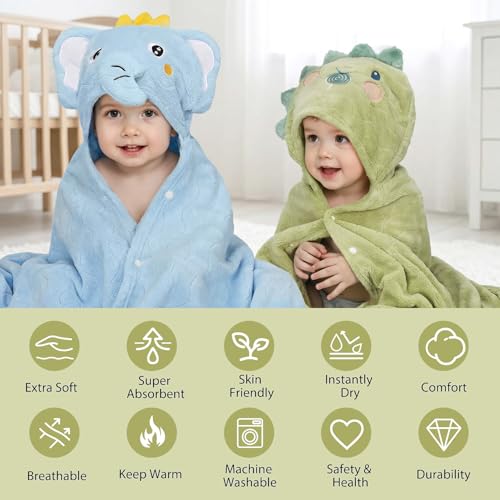 6 PCS Toddler Towels Set for Boy Girl 0-5 Year, 2 PCS Absorbent Hooded Baby Bath Towels Large 55" x 27.5" & 4 PCS Washcloths, Ultra Soft Toddler Newborn Bath Essentials Gifts, Dinosaur & Elephant