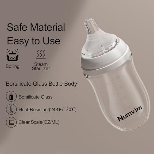 Numvim Natural Glass Baby Bottles with Gentle & Slow Flow Nipples, Newborn Breastfeeding Bottle, Anti-Colic, Includes M Nipples(3 Month+),3 Packs (White 8 Oz)