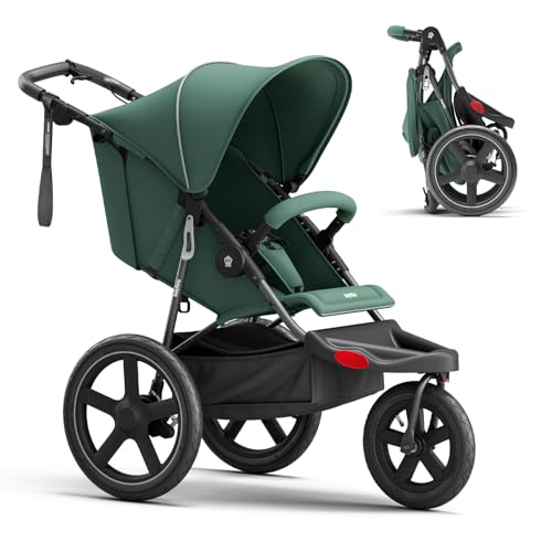 BabyVista Jogging Stroller, All-Terrain Frame, 12"/16" Inflatable Tires with Angled Valve, Disc Hand Brake & Foot Brake, Adjustable Handlebar, Foldable Jogger Stroller for Babies & Toddlers, Green