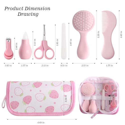 Baby Grooming Kit 6 - Piece Set in Storage Bag(Pink) - Soft Brush, Comb, Nail Clippers, Nasal Aspirator, Safety Scissors & File for Newborn/Toddler Care