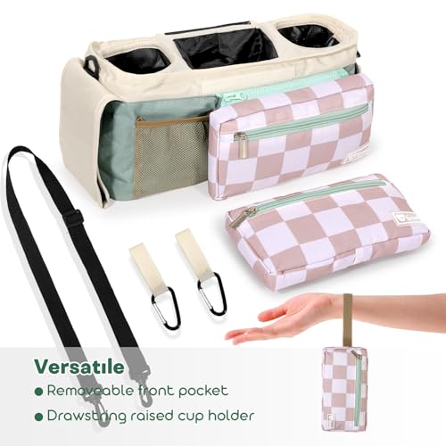 ERRUI Universal Stroller Organizer with Insulated Cup Holders and Detachable Phone Bag,Stroller Caddy Fits for Stroller Accessories like Uppababy, Baby Jogger, Doona, Nuna Stroller (Green Square grid)