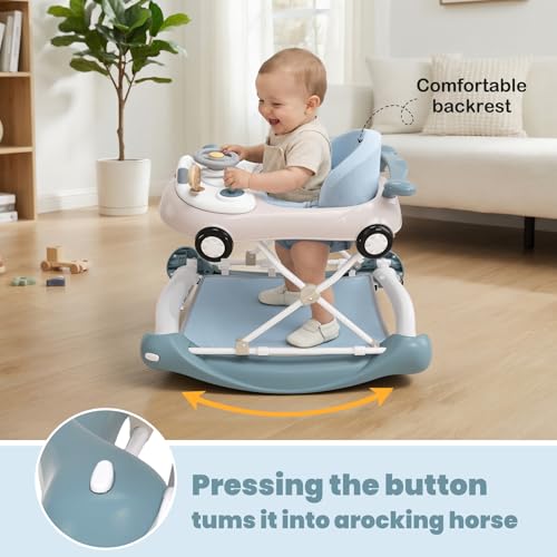 5-in-1 Convertible Baby Walker with Steering Wheel Music Activity Center – Infant Rocker, Jumper, Push Walker, Bouncer & Feeding Foldable Walker for Ages 6-18 Months Boys Girls (Haze Blue)