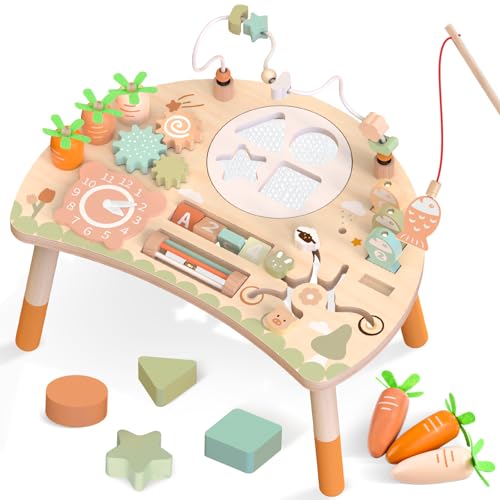 Hewaurorion Wooden Activity Table for Toddlers 1-3, 9 in 1 Montessori Sensory Table with Bead Maze Shape Sorter Fishing Game, Baby Activity Table Learning Toys for 1 2 3 Year Old Boys Girls