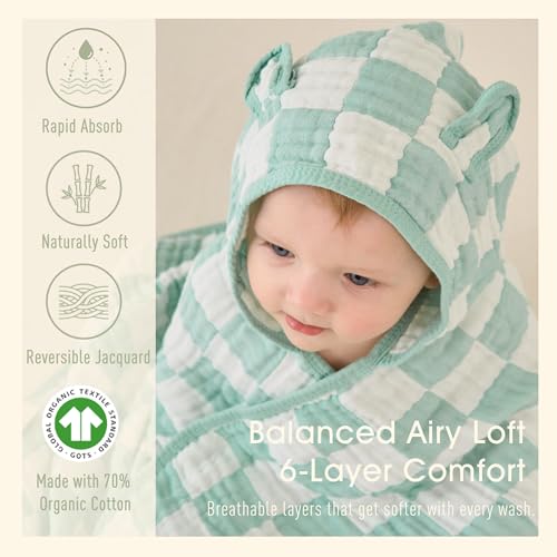HardNok Ultra-Soft Muslin Toddler Hooded Towel - 55 x 28 Inches, Ideal for Bath & Beach, Suitable for Both Boys & Girls from Newborns to Toddlers Green Check