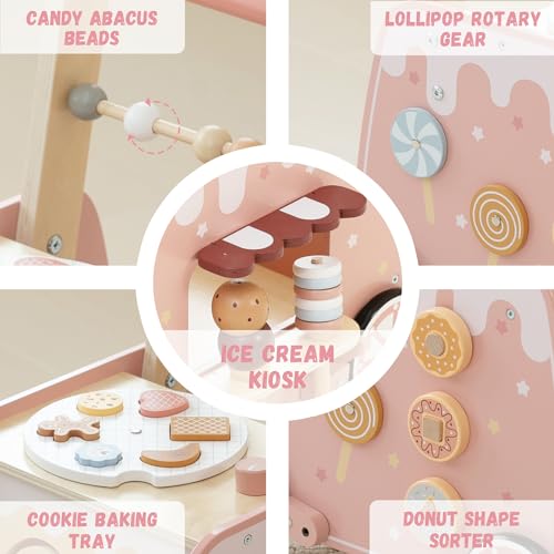Wooden Baby Walker, Multifunctional Ice Cream Cart Activity Toy for Learning to Push Walk with Wheels, Pretend Playset Ideal for Toddlers, Boys and Girls Ages 18-36M