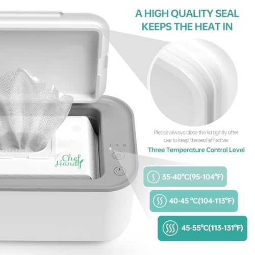Chefhandy Baby Wipe Warmer, 3-Level Temperature Control, Silent & Even Heating, Large Capacity Wipes Dispenser for Babies & Adults, White