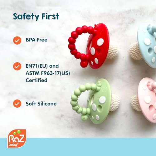 RaZbaby Soft Silicone Infant & Baby 3M+ Teether Toy Massaging Bristles Teething Relief Pacifier - Soothes Sore Gums - Hands-Free & Easy-to-Hold Chompy Teether, BPA Free (RED/Green)