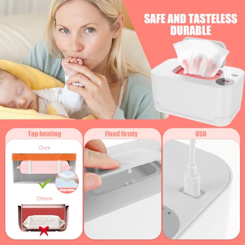 Abizarch Baby Wipe Warmer with LED Light, 104-131°F Adjustable Baby Wipe Warmer Dispenser Portable Wipe Heater Warmer USB Powered Wet Wipes Warmer D Keeps Wipes Warm and Moist for Baby(White)