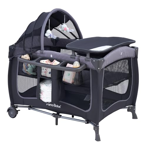 Pamo Babe Baby Playard with Canopy, Portable Crib with Changing Table