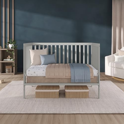 Dream On Me Synergy 5-in-1 Convertible Full-Size Baby Crib with Toddler, Day & Full Bed Conversion in Cool Grey, GreenGuard Gold & BSA, 3 Mattress Heights, Sustainable Pinewood