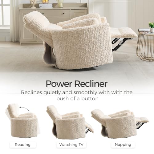 Power Swivel Glider Rocking Recliner Nursery Chair with 2 Pillows, Electric Rocker Reclining Chairs with Type-C & USB Charger Port for Living Room, High Back Barrel Armchair for Bedroom, Beige
