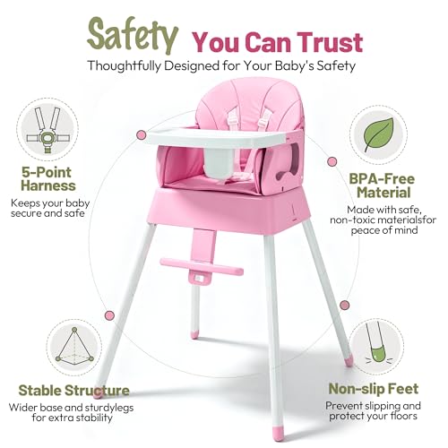 5 in 1 Foldable Baby High Chair,Convertible Highchair for Babies and Toddlers-Portable Infant Booster Seat,Foldable Dining Chair,Toddler High Chair with 5-Point Harness,Removable Tray (Pink)