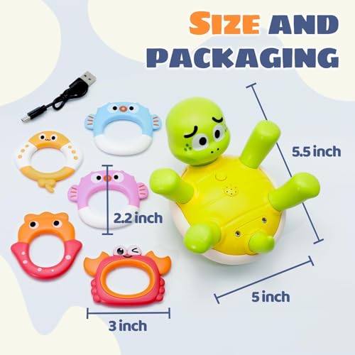 Sizobi Baby Bath Toys, Rechargeable Turtle Bath Toy Sprinkler for Toddler with 5 Rings, Bathtub Fountain Spray Toy,Pool Water Bath Toys for Kids Ages 1-3, Boys Outdoor Water Table Toy Birthday Gifts