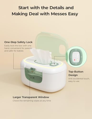 Momcozy New Baby Wipe Warmer, Large Capacity Wipe Dispenser Compatible with 60-80pcs,10-Min Fast Heating,4 Temperature Modes,Innovative Spring Design,Silicone&Top Seals,Even Heating,3-Level Nightlight