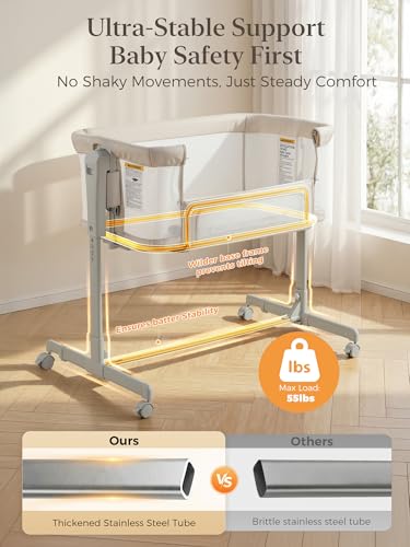 ONTHEWEI Baby Bassinet Bedside Sleeper 3-in-1, Easy Night Feeding with One-Side Fold & Rolling Wheels, Breathable Mesh, 6-Height Adjustable, Soft Mattress for Newborns