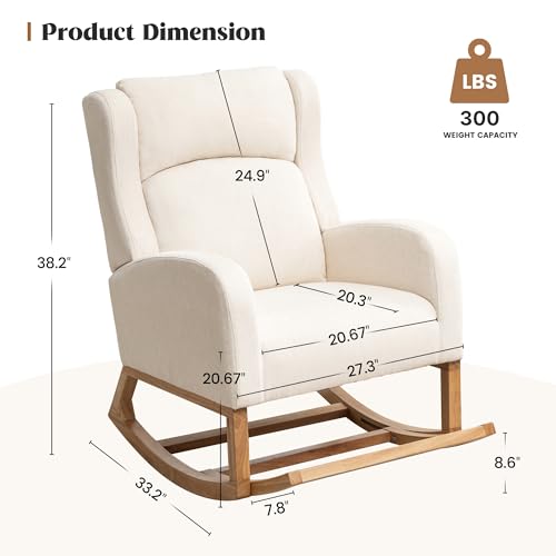 HCHAIRH Rocking Chair Nursery, Nursing Rocking Chairs for Mom Nursery, Comfy Wingback Glider Rocking Armchair with Foot Rest and Side Pocket for Nursery Living Room Bedroom, Beige