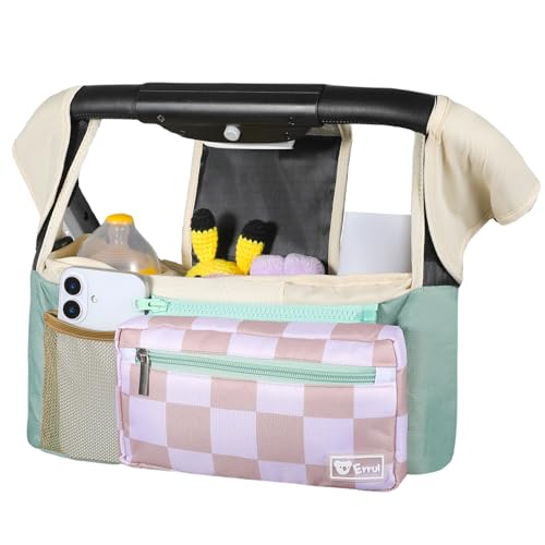 ERRUI Universal Stroller Organizer with Insulated Cup Holders and Detachable Phone Bag,Stroller Caddy Fits for Stroller Accessories like Uppababy, Baby Jogger, Doona, Nuna Stroller (Green Square grid)