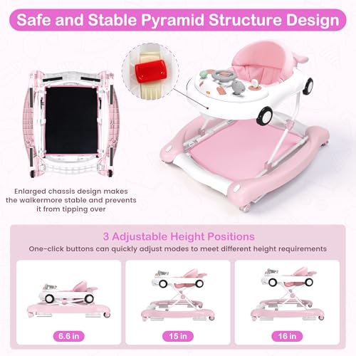 Baby Walker, 5-in-1 Baby Walker for Boys and Girls with Bouncer, Removable Footrest, Music, Foldable & Adjustable Speed Wheels Activity Walker for 6-18 Months Toddler Infant(Pink)