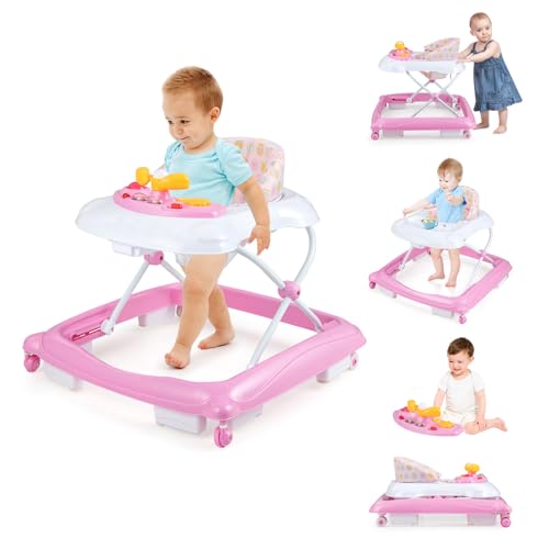 BABY JOY Baby Walker, 4 in 1 Foldable Activity Walker with Adjustable Height, Music, Lights, Anti-Rollover Toddler Push Walker, Baby Walker with Wheels for Boys Girls 7-14 Months (Pink)