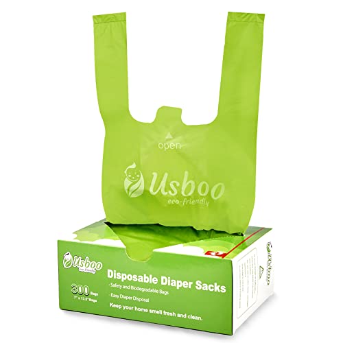 USBOO Baby Disposable Diaper Bags,300 Count Oxo-Biodegradable Diaper Sacks,Easy-Tie Handles,Diaper Disposal or Pet Waste Bags, Unscented