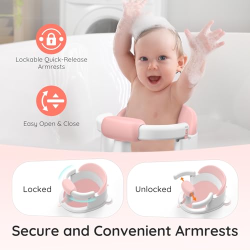 PANUSU Baby Bath Seat for Babies Sitting Up, Non-Slip Baby Bath Chair with Strong Suction Cups, Lockable Armrest & High Back 360° Safety Support, Ideal for Active Toddlers 6-24 Months, Pink