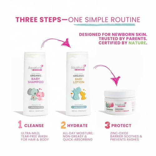 Aquatural Organic Baby Essentials Bath Care Set - Certified Organic Baby Shampoo, Lotion & Nappy Cream - Dermatologist Tested, Newborn Safe, Gentle & Nourishing