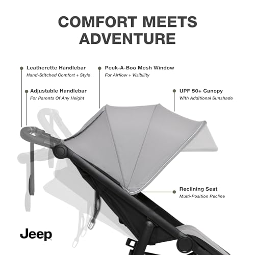 Delta Children - Jeep PowerGlyde Pro Jogging Stroller - 1-Step Back Brake & Hand Deceleration Disc Brakes for Speed Control - 1 Hand Fold, Soft Gray