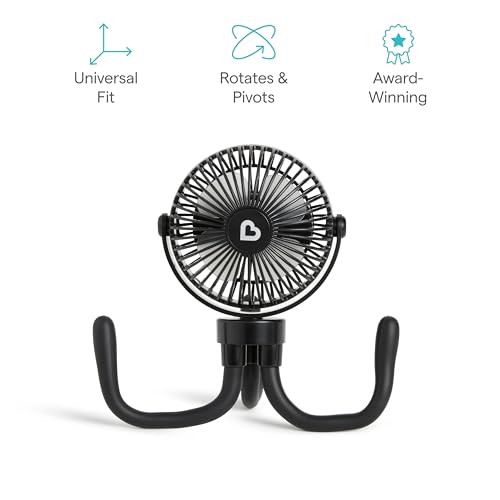Munchkin Stroller Fan - Portable Fan for Travel, Baby Gear Accessory with 4 Speeds, Flexible Clip-on Leg Attachment, Rechargeable Battery, Black with Multicolored LED Lights