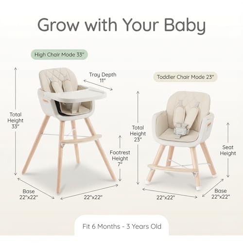 Mallify 3-in-1 Wooden High Chair, Convertible High Chairs for Babies and Toddlers, Baby Highchair with Adjustable Legs & Dishwasher-Safe Tray, Sleek Hardwood & Premium PU Cushion, Beige