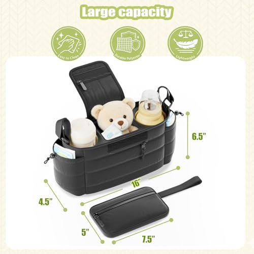 Seeseven Stroller Caddy with Cup Holder & Detachable Phone Bag, Black
