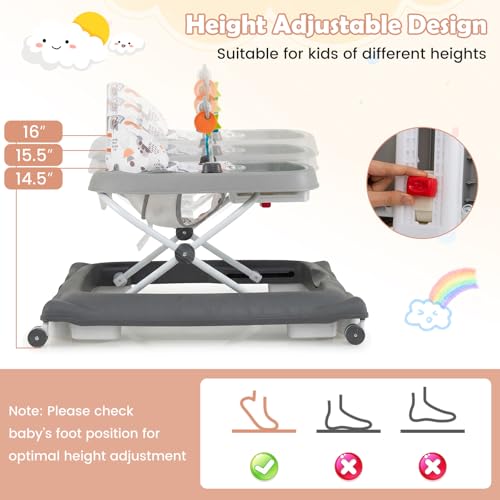 BABY JOY Baby Walker, Foldable Activity Walker with Adjustable Height, Large Tray & Removable Toys, Baby Walker with Wheels for Boys Girls 6-12 Months (Gray)