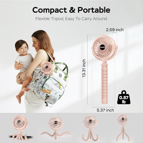 COMLIFE Baby Stroller Fan With Light, Rechargeable Battery Operated, Max 10Hrs Cooling, 3 Speeds, 360° Rotate USB Desk Fan, Flexible Tripod Clip On Fan for Stroller Car Seat Crib Treadmill Golf Cart