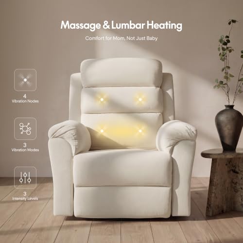 FLEXISPOT Souffle-Pro Swivel Rocker Recliner Chair with Nightlight, Power Nursery Glider Recliner with Massage & Heat, Adjustable Headrest, Oeko-TEX Fabric, Ideal for Nursery & Home Relaxation, Cream